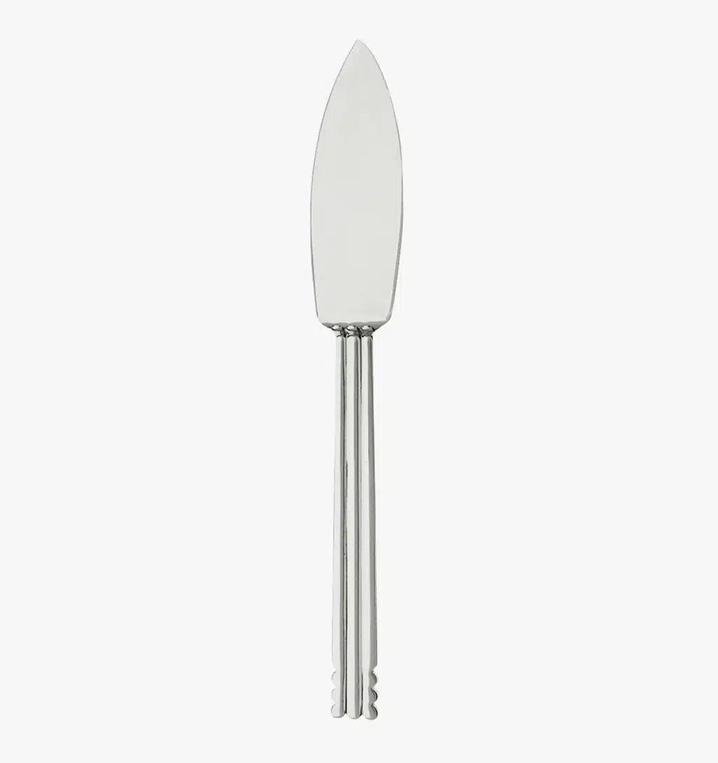 Silver-plated fish knife from the Nantes collection by Puiforcat on a light background.